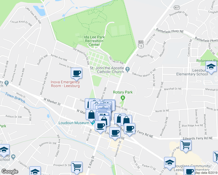 map of restaurants, bars, coffee shops, grocery stores, and more near 218 Wirt Street Northwest in Leesburg