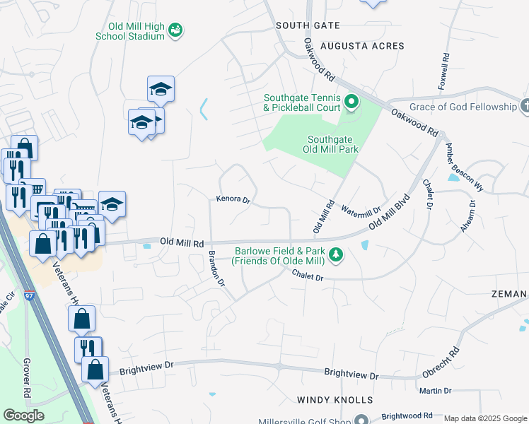 map of restaurants, bars, coffee shops, grocery stores, and more near 8218 Sherbrooke Court in Millersville