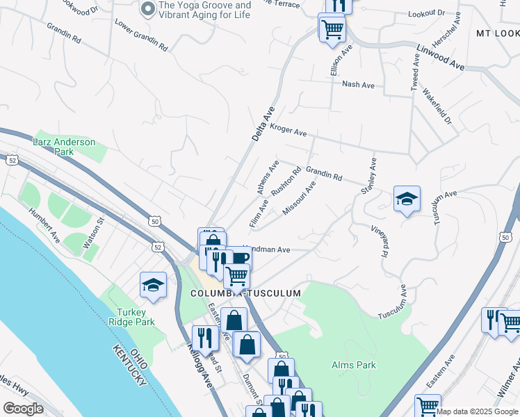 map of restaurants, bars, coffee shops, grocery stores, and more near 463 Missouri Avenue in Cincinnati