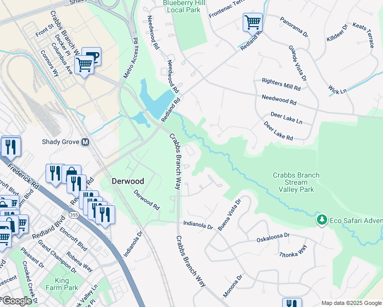 map of restaurants, bars, coffee shops, grocery stores, and more near 16125 Crabbs Branch Way in Derwood