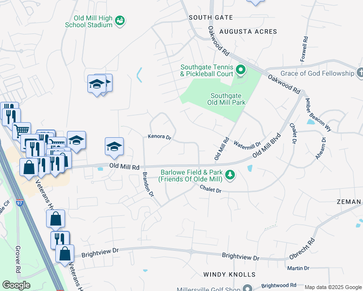 map of restaurants, bars, coffee shops, grocery stores, and more near 8218 Sherbrooke Court in Millersville