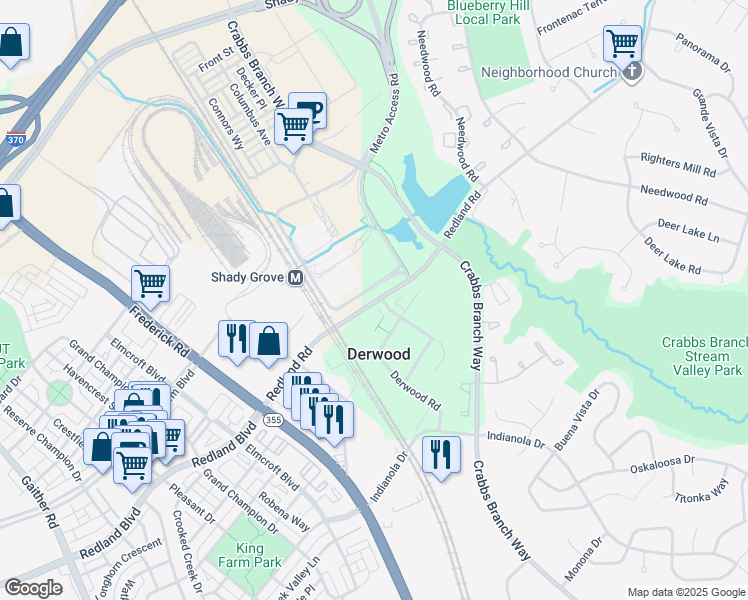 map of restaurants, bars, coffee shops, grocery stores, and more near Redland Road in Derwood