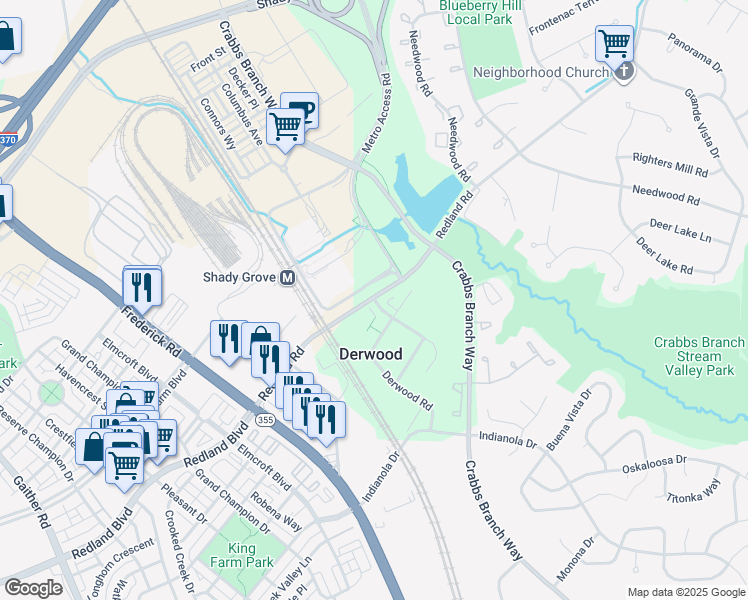 map of restaurants, bars, coffee shops, grocery stores, and more near 7905 Yellowstone Way in Derwood
