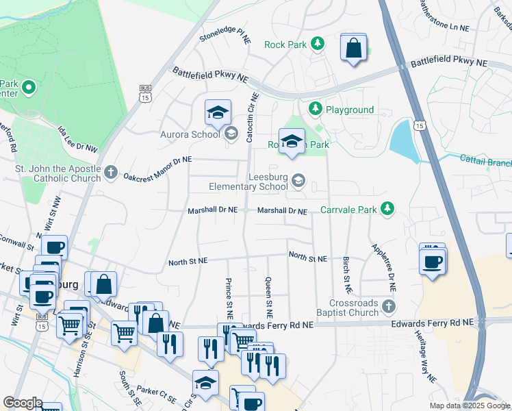 map of restaurants, bars, coffee shops, grocery stores, and more near 604 Marshall Drive Northeast in Leesburg