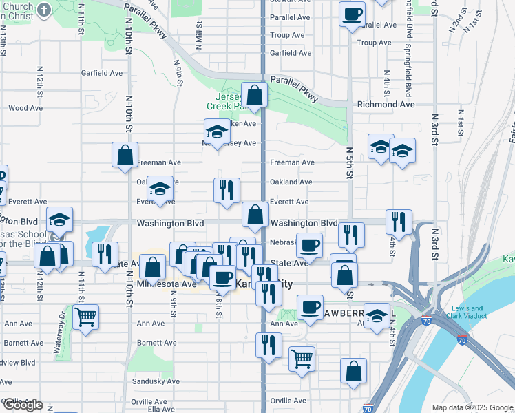 map of restaurants, bars, coffee shops, grocery stores, and more near 1316 North 7th Street in Kansas City