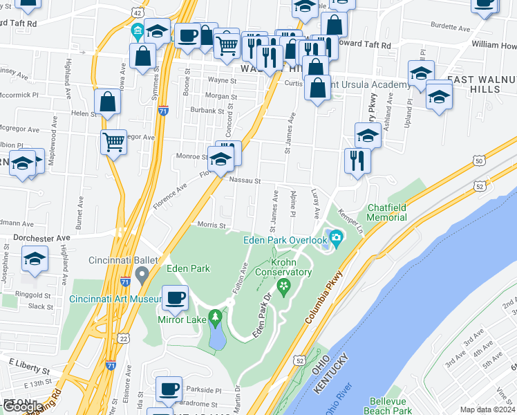 map of restaurants, bars, coffee shops, grocery stores, and more near 2151 Fulton Avenue in Cincinnati