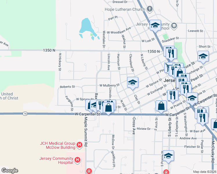 map of restaurants, bars, coffee shops, grocery stores, and more near 904 West Hickory Street in Jerseyville