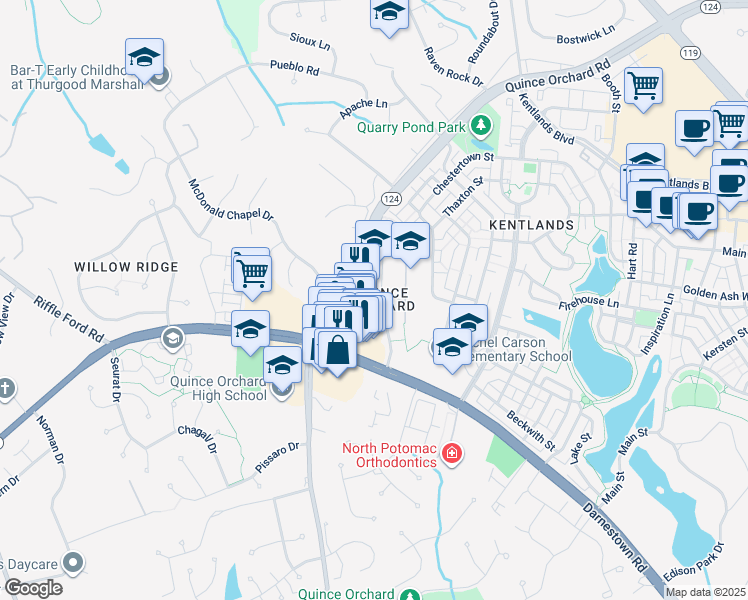 map of restaurants, bars, coffee shops, grocery stores, and more near 60 Orchard Drive in Gaithersburg