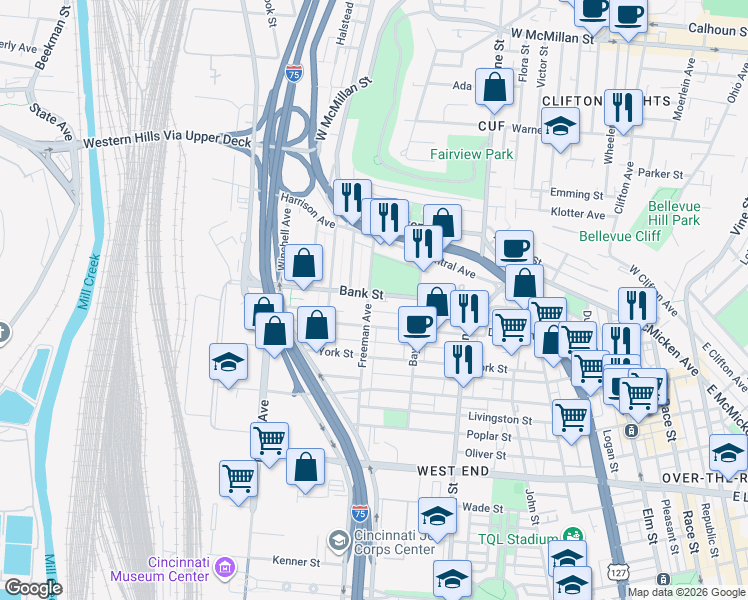 map of restaurants, bars, coffee shops, grocery stores, and more near 2107 Freeman Avenue in Cincinnati