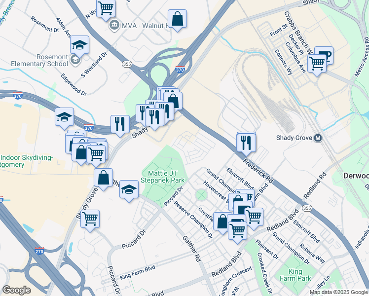 map of restaurants, bars, coffee shops, grocery stores, and more near 3114 Nina Clarke Drive in Rockville
