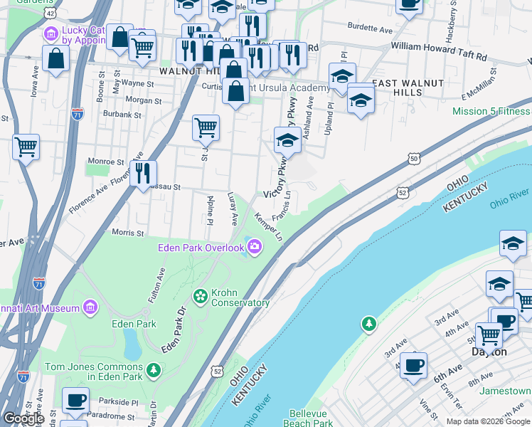 map of restaurants, bars, coffee shops, grocery stores, and more near 2194 Victory Parkway in Cincinnati