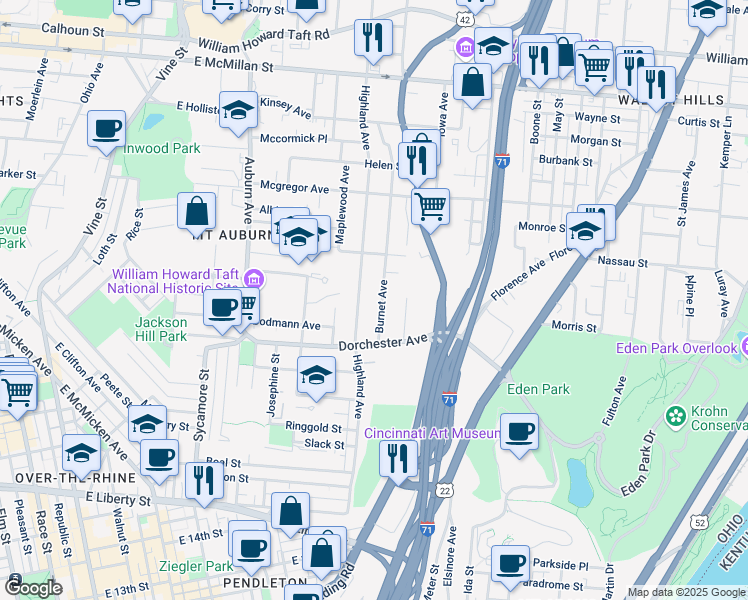 map of restaurants, bars, coffee shops, grocery stores, and more near 2124 Burnet Avenue in Cincinnati