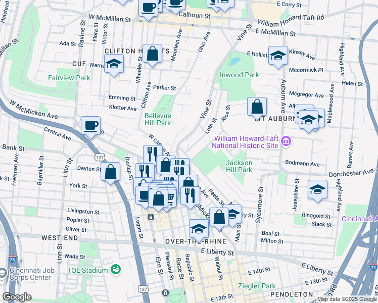 map of restaurants, bars, coffee shops, grocery stores, and more near 2120 Vine Street in Cincinnati