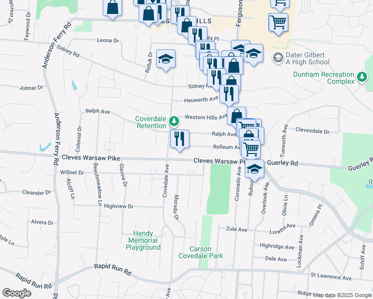 map of restaurants, bars, coffee shops, grocery stores, and more near 5047 Ralph Avenue in Cincinnati