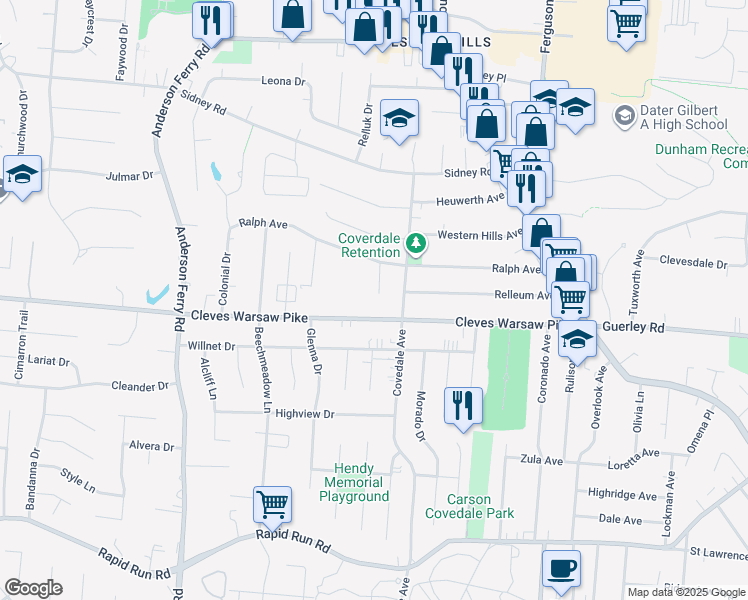 map of restaurants, bars, coffee shops, grocery stores, and more near 1337 Leders Lane in Cincinnati