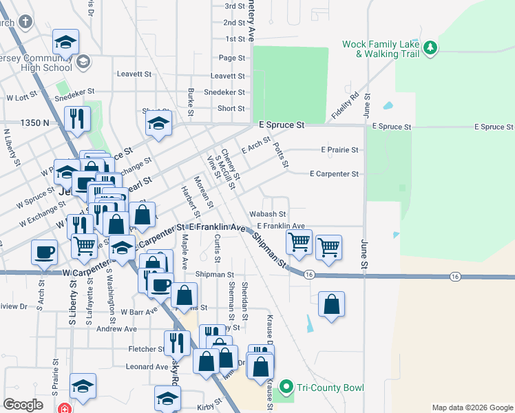 map of restaurants, bars, coffee shops, grocery stores, and more near 606 East Carpenter Street in Jerseyville