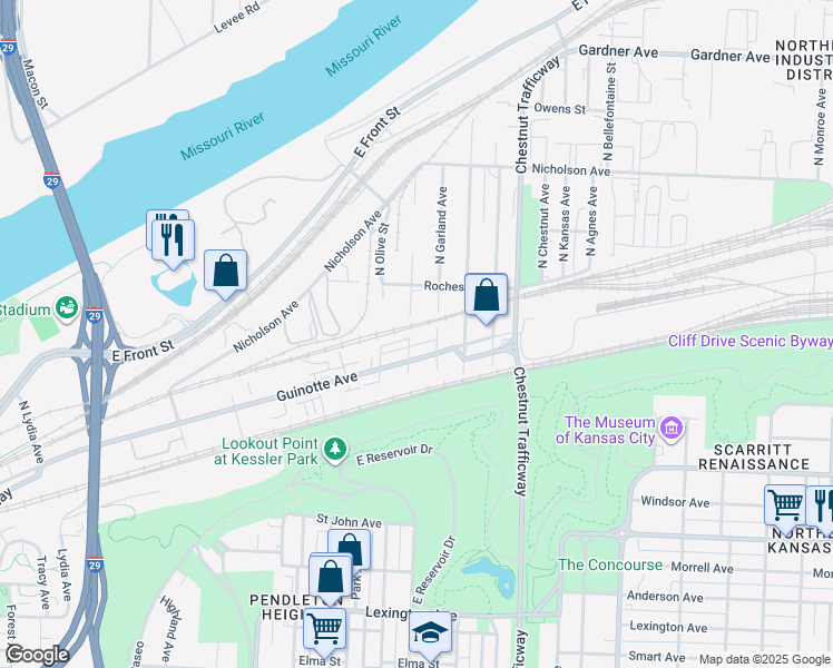 map of restaurants, bars, coffee shops, grocery stores, and more near 614 North Wabash Avenue in Kansas City