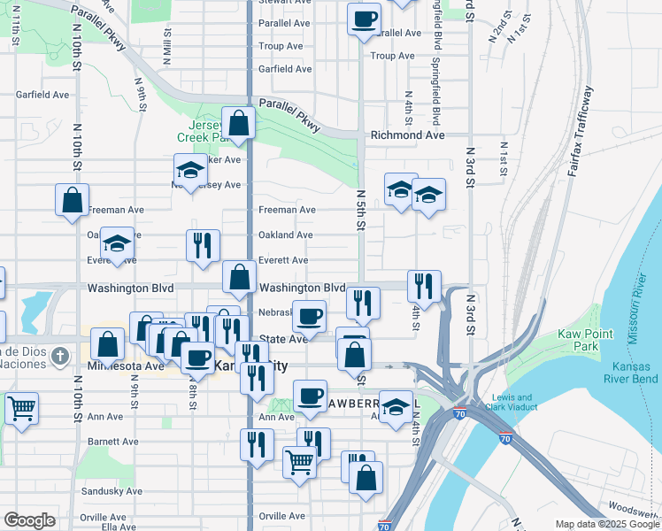 map of restaurants, bars, coffee shops, grocery stores, and more near 530 Everett Avenue in Kansas City