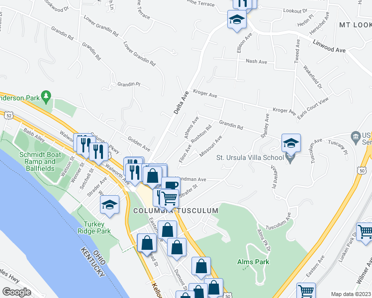 map of restaurants, bars, coffee shops, grocery stores, and more near 463 Missouri Avenue in Cincinnati