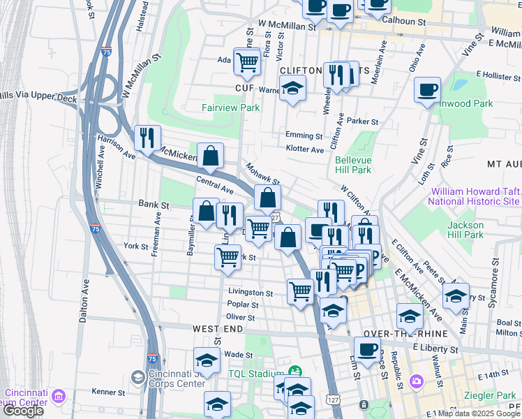 map of restaurants, bars, coffee shops, grocery stores, and more near in Cincinnati