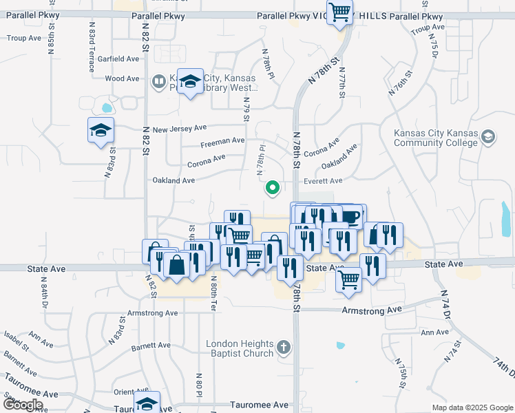 map of restaurants, bars, coffee shops, grocery stores, and more near 1310 North 78 Terrace in Kansas City