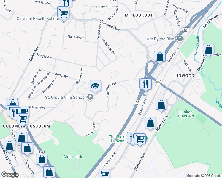 map of restaurants, bars, coffee shops, grocery stores, and more near 1052 Catawba Valley Drive in Cincinnati