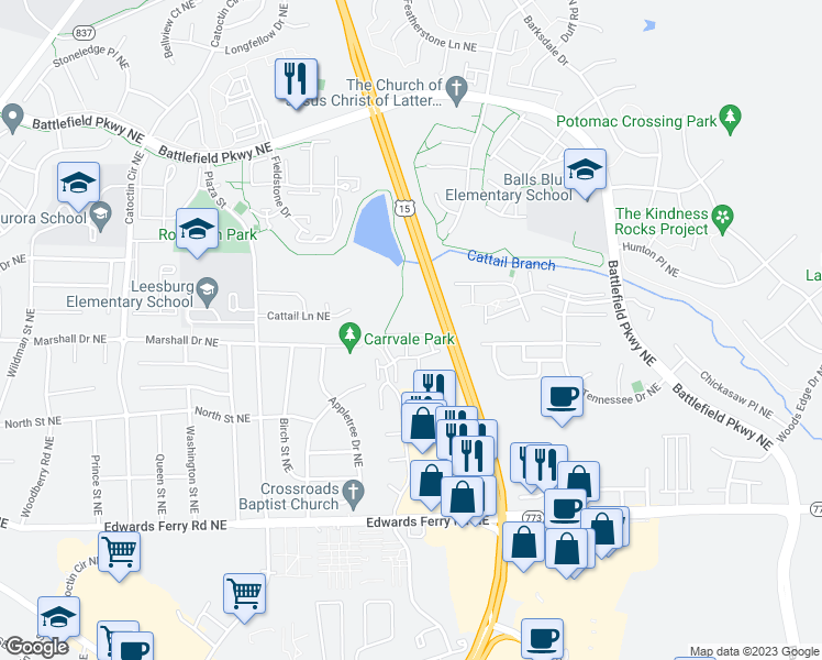 map of restaurants, bars, coffee shops, grocery stores, and more near 1004 Foxhunt Terrace Northeast in Leesburg