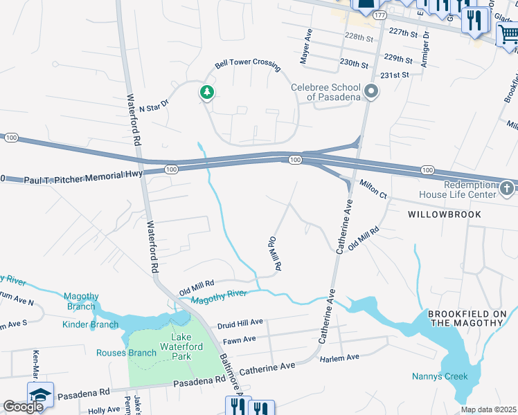 map of restaurants, bars, coffee shops, grocery stores, and more near 8240 Old Mill Road in Pasadena