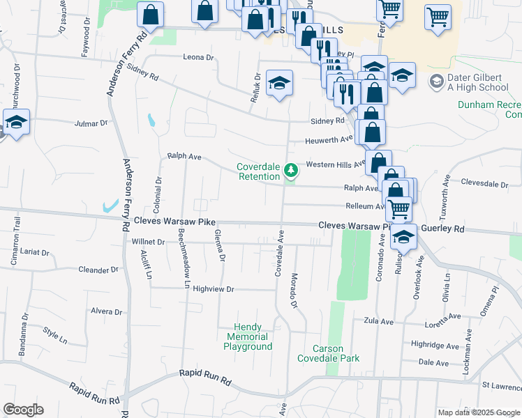 map of restaurants, bars, coffee shops, grocery stores, and more near 1337 Leders Lane in Cincinnati