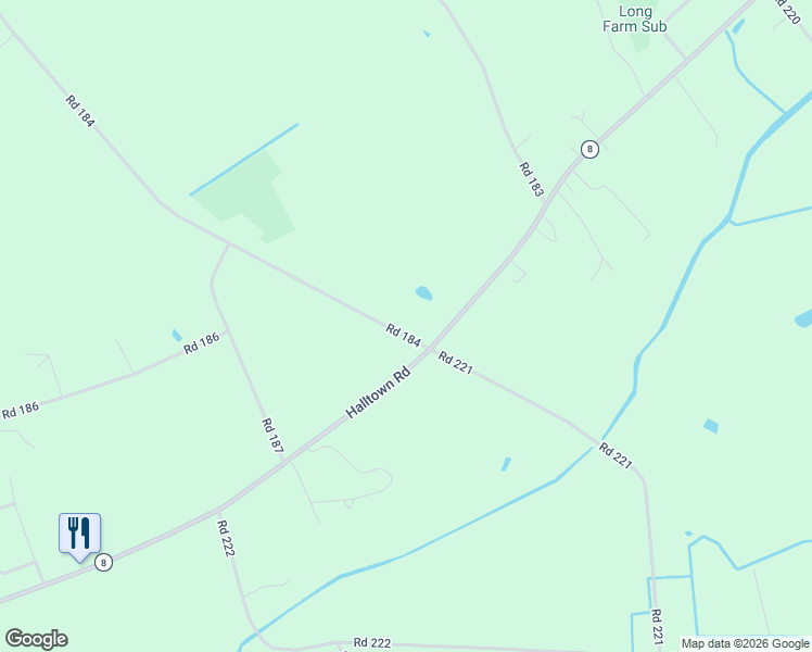 map of restaurants, bars, coffee shops, grocery stores, and more near 94 Road 184 in Hartly