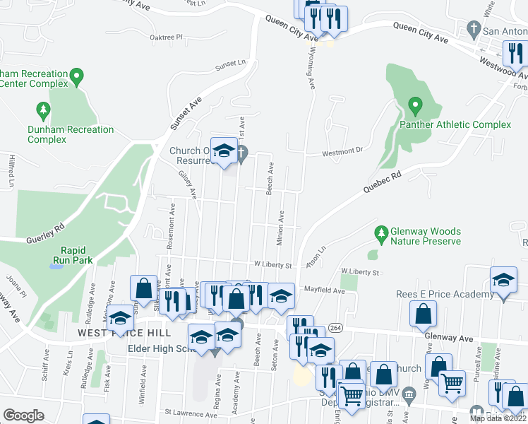 map of restaurants, bars, coffee shops, grocery stores, and more near 1415 Beech Avenue in Cincinnati