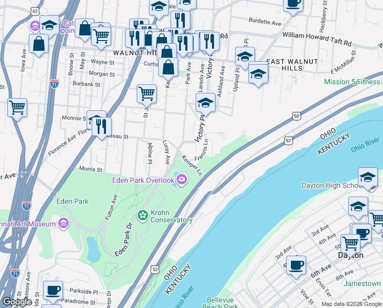 map of restaurants, bars, coffee shops, grocery stores, and more near 2194 Victory Parkway in Cincinnati