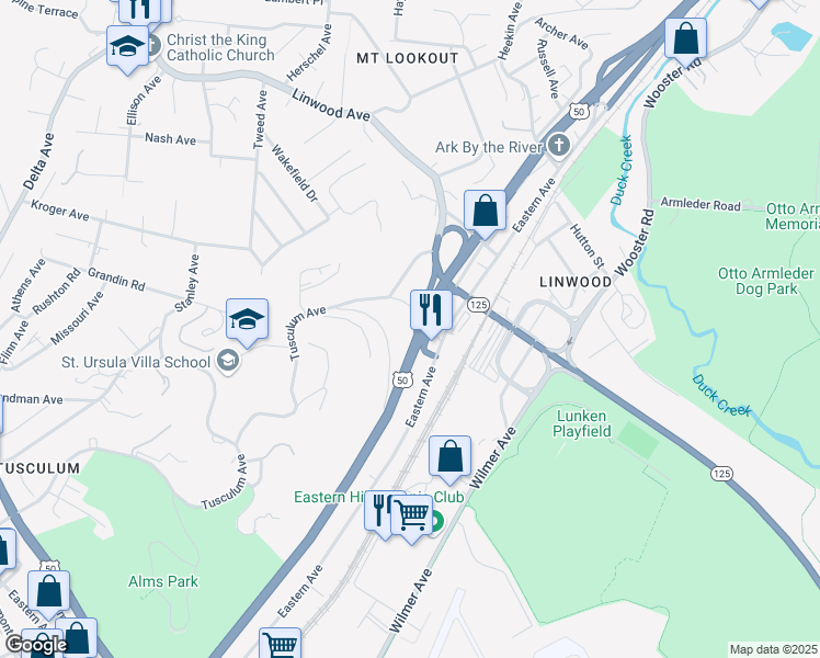 map of restaurants, bars, coffee shops, grocery stores, and more near 4627 Columbia Parkway in Cincinnati