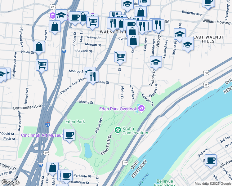 map of restaurants, bars, coffee shops, grocery stores, and more near in Cincinnati