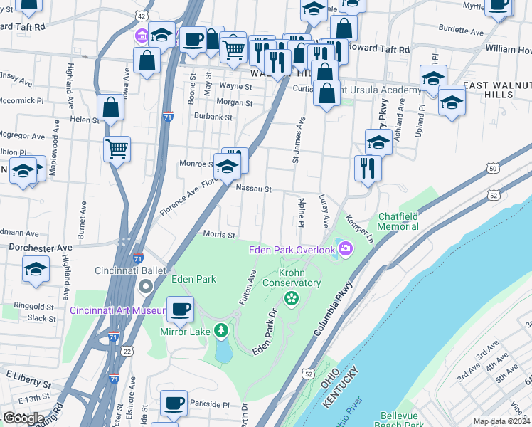 map of restaurants, bars, coffee shops, grocery stores, and more near 2151 Fulton Avenue in Cincinnati