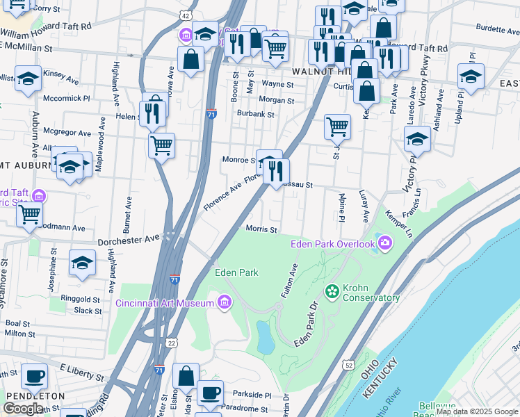 map of restaurants, bars, coffee shops, grocery stores, and more near 2159 Gilbert Avenue in Cincinnati