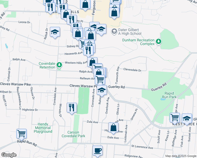 map of restaurants, bars, coffee shops, grocery stores, and more near 4944 Glenway Avenue in Cincinnati
