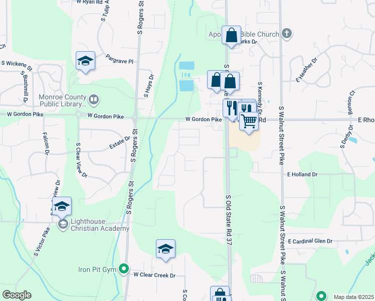map of restaurants, bars, coffee shops, grocery stores, and more near 200-298 W Gordon Pike in Bloomington