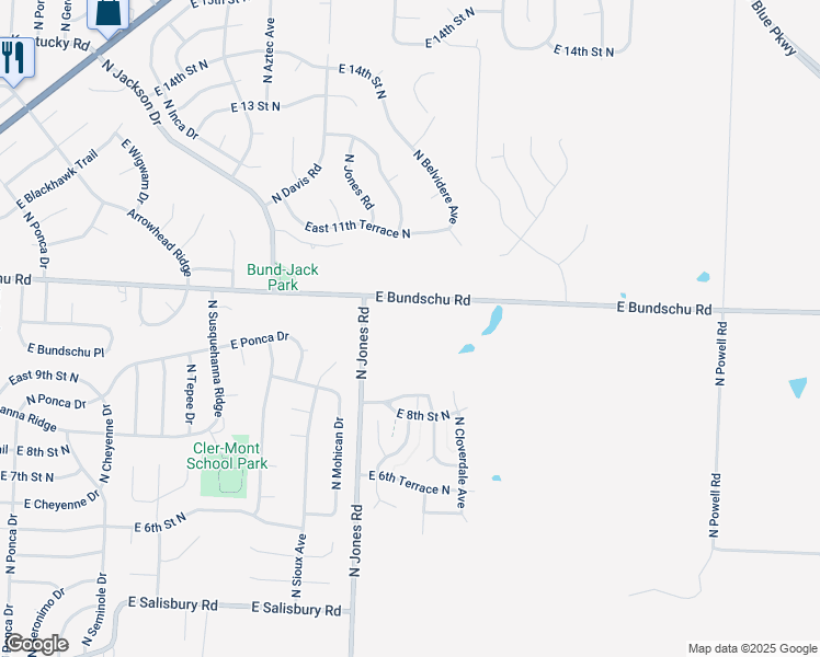 map of restaurants, bars, coffee shops, grocery stores, and more near 19610 East Bundschu Road in Independence