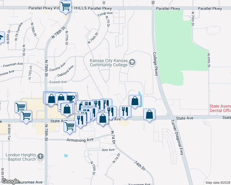 map of restaurants, bars, coffee shops, grocery stores, and more near 7350 State Avenue in Kansas City
