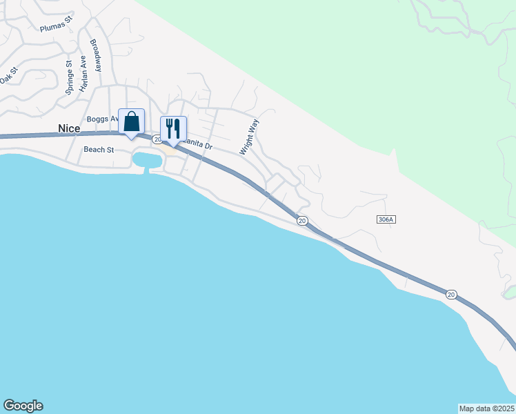 map of restaurants, bars, coffee shops, grocery stores, and more near 3987 State Highway 20 in Nice