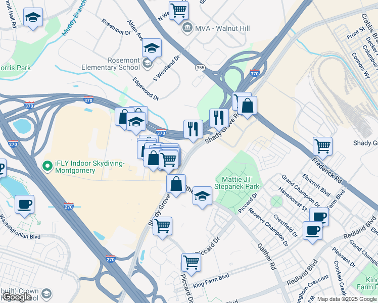 map of restaurants, bars, coffee shops, grocery stores, and more near 15900 Shady Grove Road in Gaithersburg