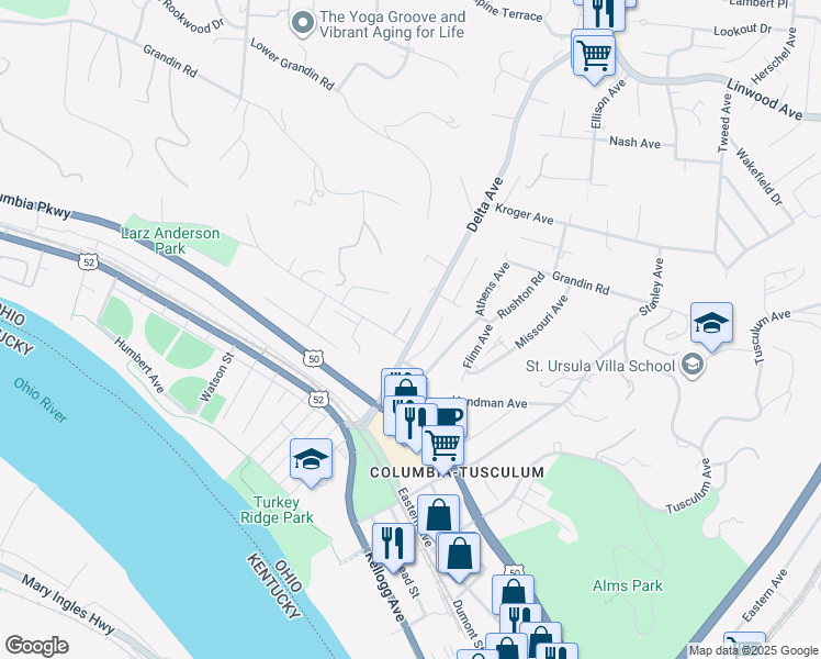 map of restaurants, bars, coffee shops, grocery stores, and more near 517 Delta Avenue in Cincinnati
