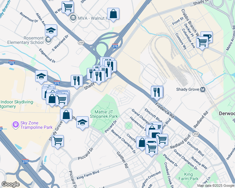 map of restaurants, bars, coffee shops, grocery stores, and more near 3146 Nina Clarke Drive in Rockville
