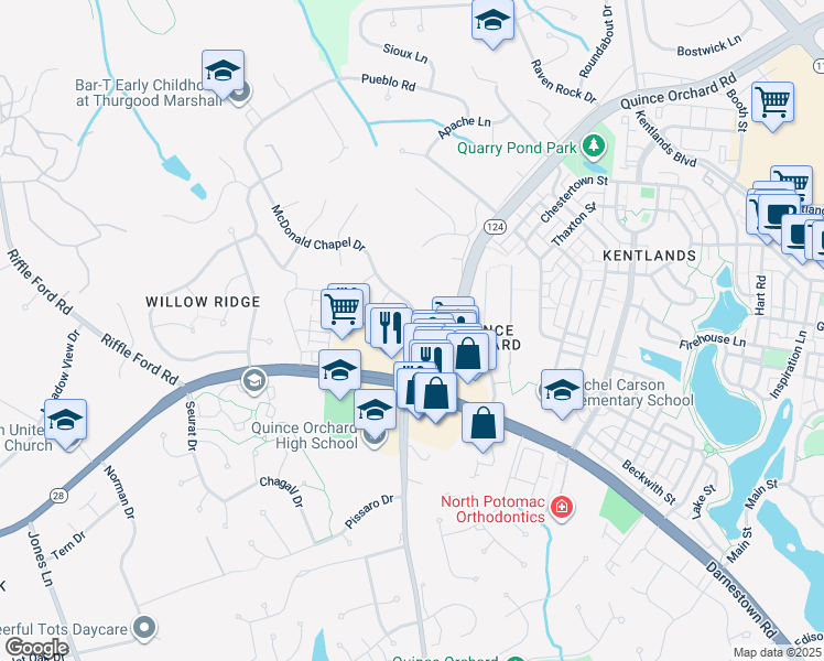 map of restaurants, bars, coffee shops, grocery stores, and more near 40 McDonald Chapel Court in Gaithersburg