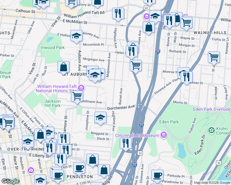 map of restaurants, bars, coffee shops, grocery stores, and more near 2121 Highland Avenue in Cincinnati