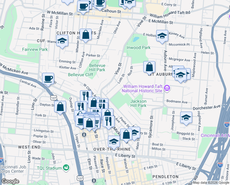 map of restaurants, bars, coffee shops, grocery stores, and more near 2120 Vine Street in Cincinnati