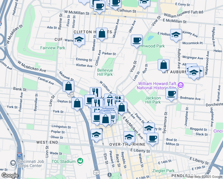 map of restaurants, bars, coffee shops, grocery stores, and more near 2105 Vine Street in Cincinnati