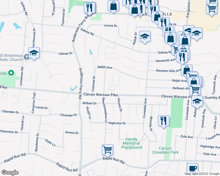 map of restaurants, bars, coffee shops, grocery stores, and more near 1345 Le Mar Drive in Cincinnati