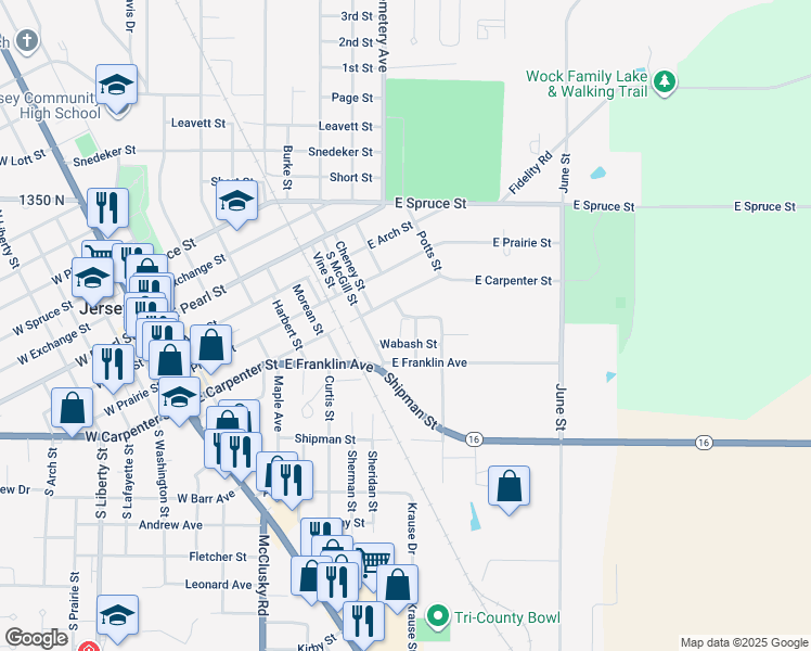 map of restaurants, bars, coffee shops, grocery stores, and more near 709 Henry Street in Jerseyville